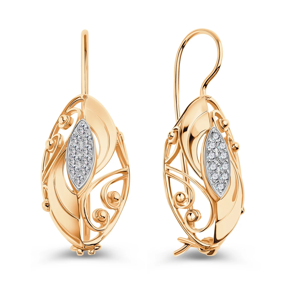 Серьги с фианитами из красного золота 585 пробы