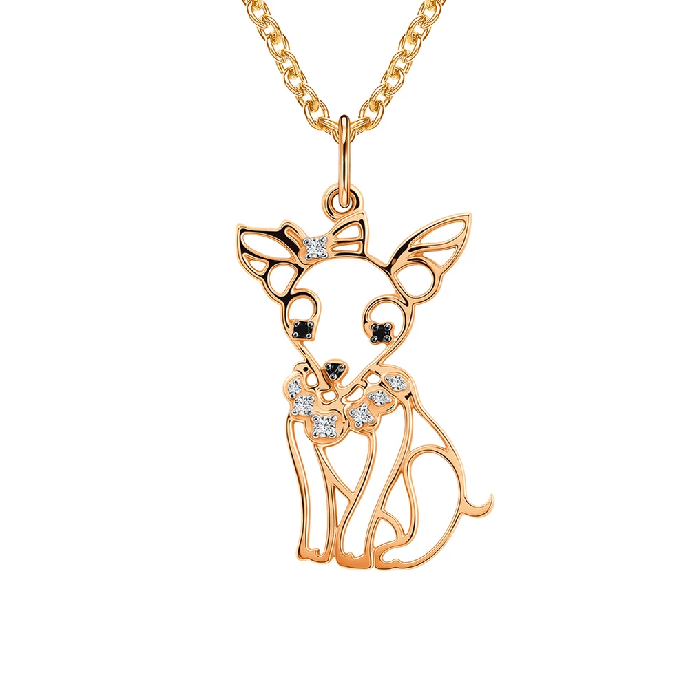 Подвес  Собака с фианитами из красного золота 585 пробы