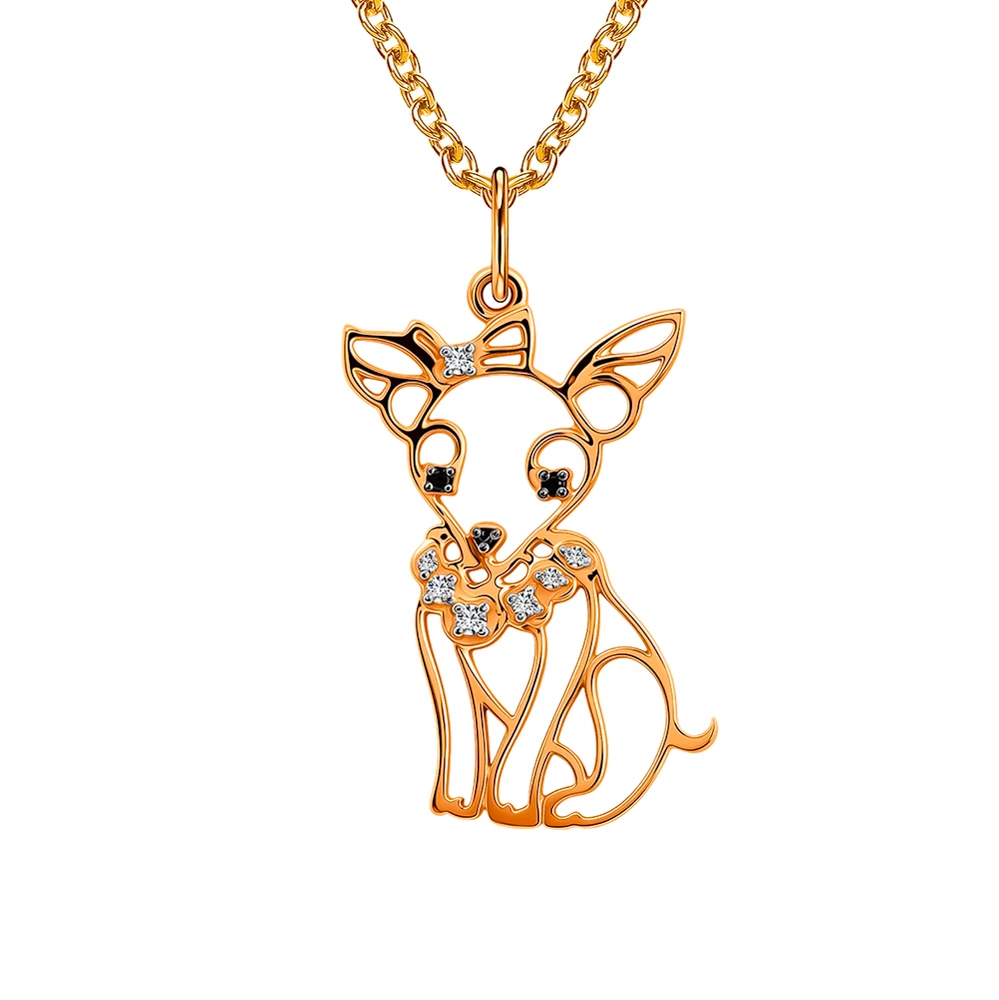 Подвес  Собака с фианитами из красного золота 585 пробы