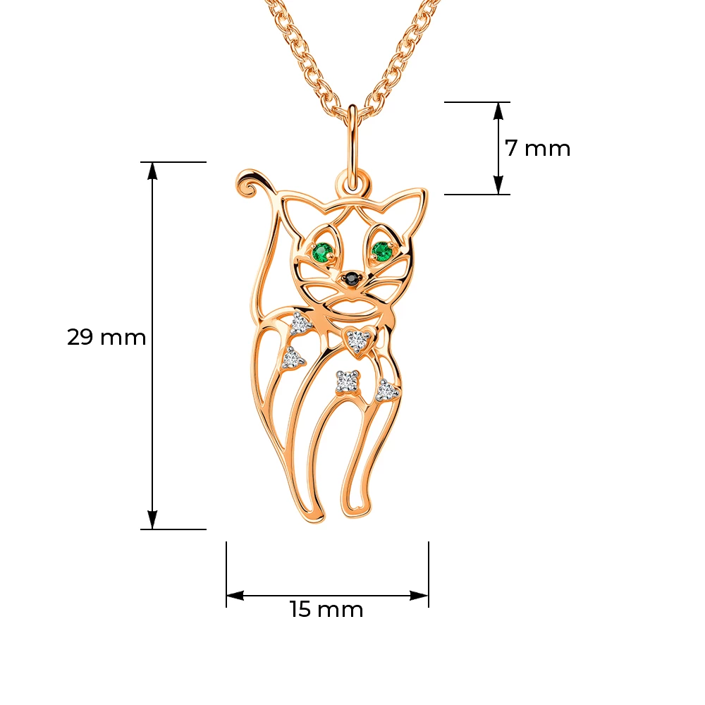 Подвес  Кошка с фианитами из красного золота 585 пробы