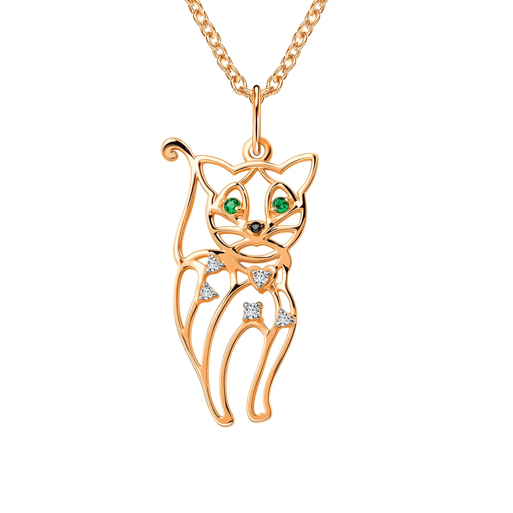 Подвес  Кошка с фианитами из красного золота 585 пробы