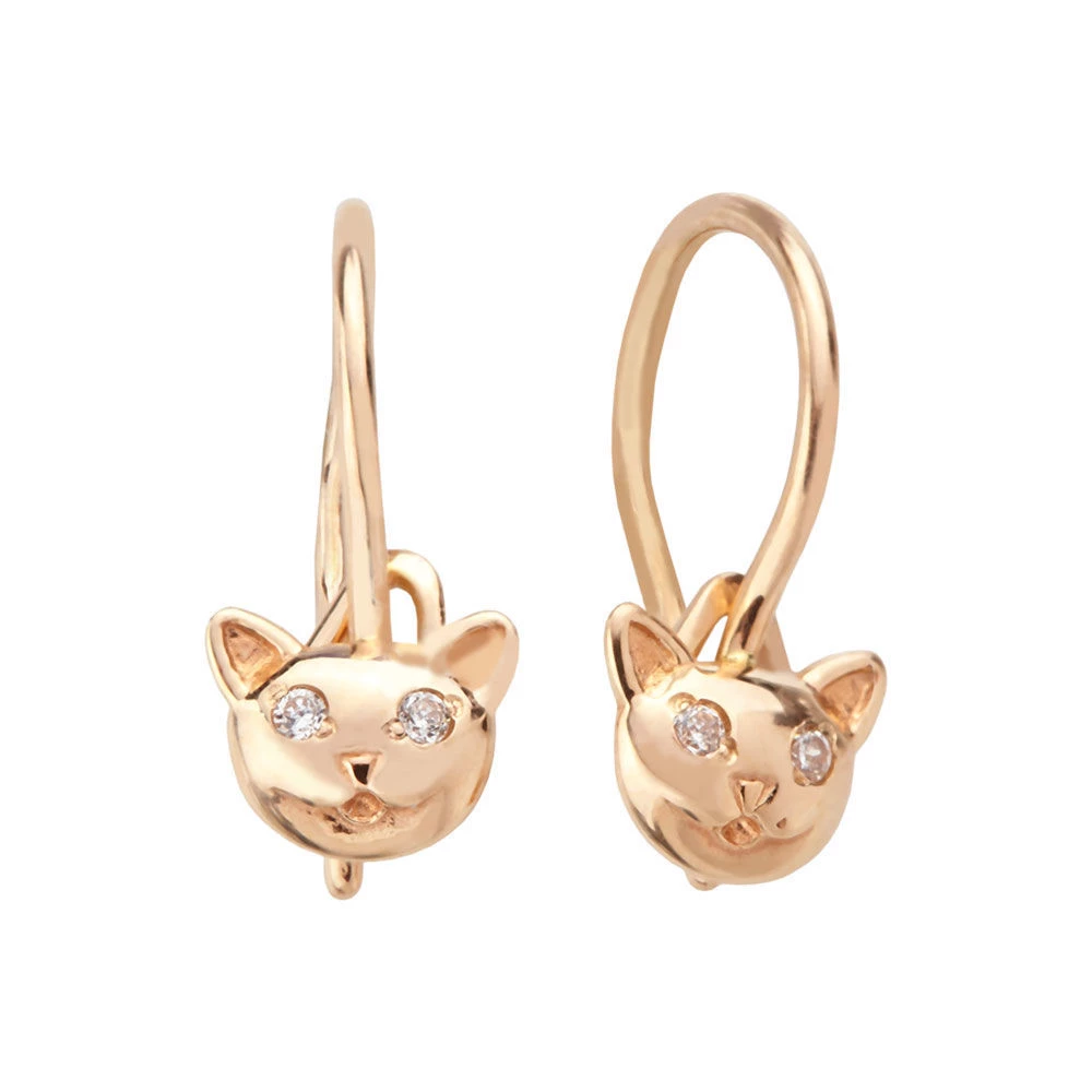 Серьги  Кошка детские с фианитами из красного золота 585 пробы 1