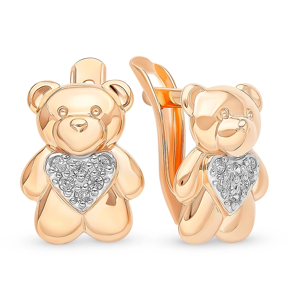 Серьги  Мишка детские с фианитами из красного золота 375 пробы 2