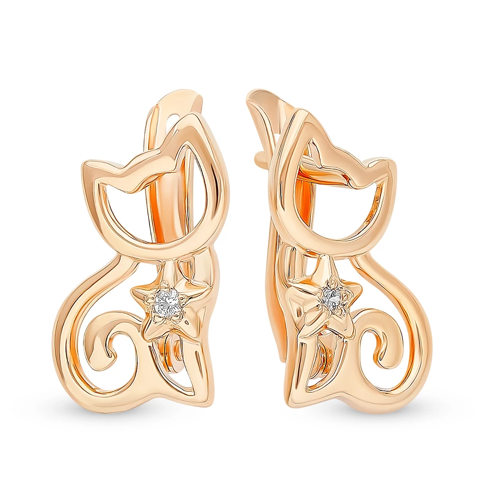 Серьги  Кошка детские с фианитами из красного золота 375 пробы 2