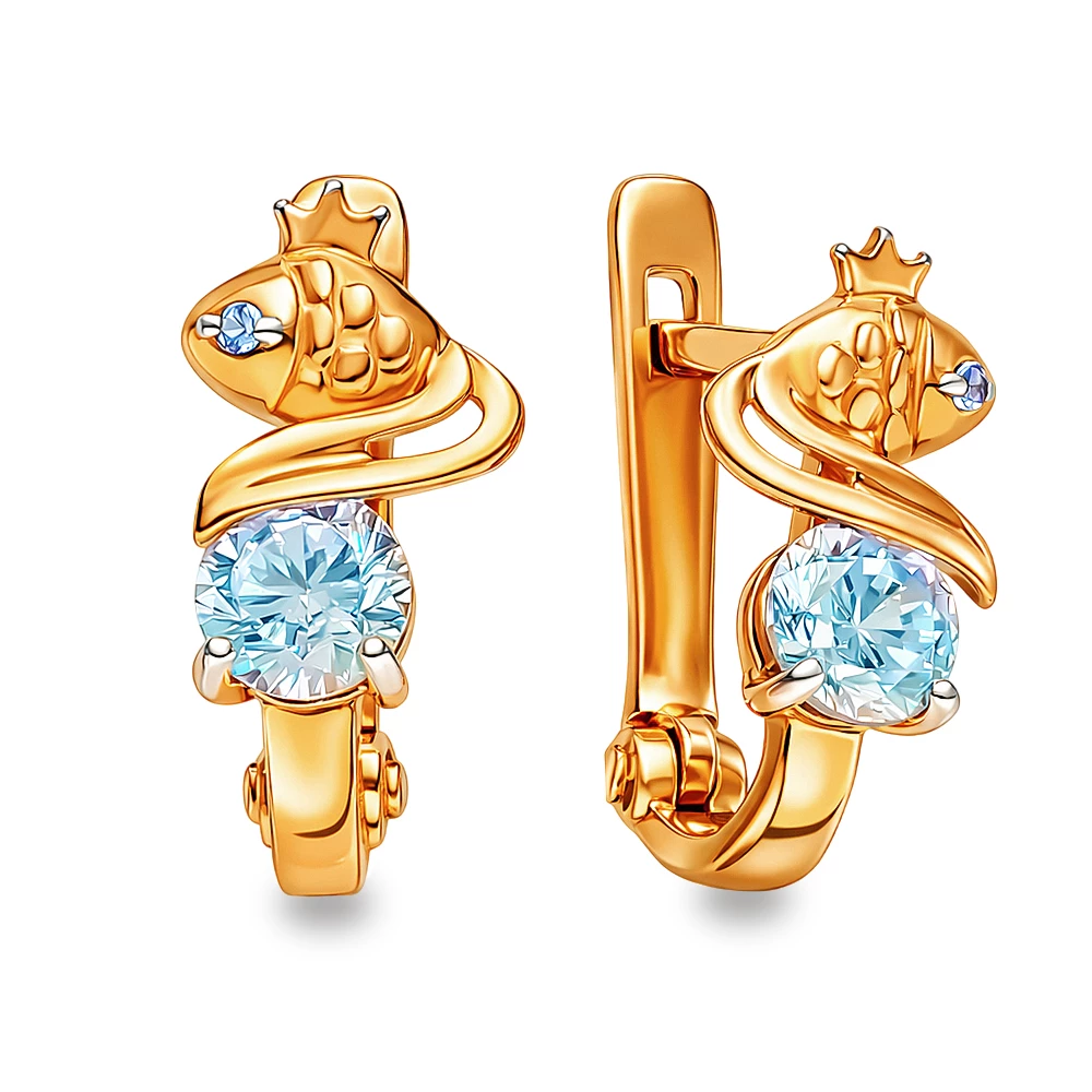 Серьги  Рыбка детские с фианитами из красного золота 585 пробы