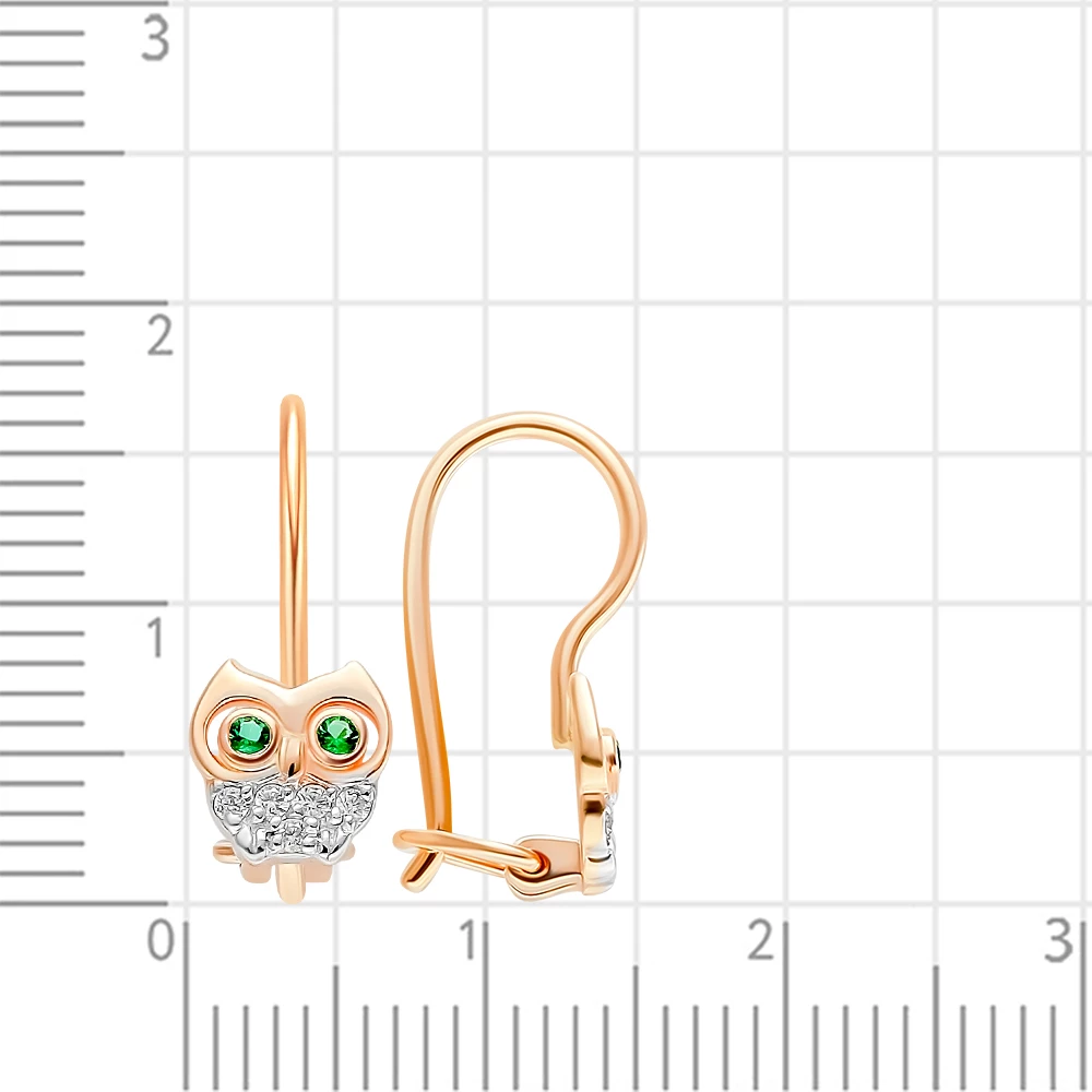 Серьги  Сова детские с фианитами из красного золота 585 пробы 3