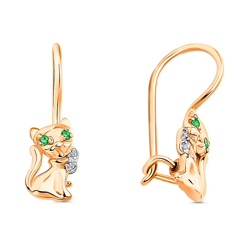 Серьги  Кошка детские с фианитами из красного золота 375 пробы