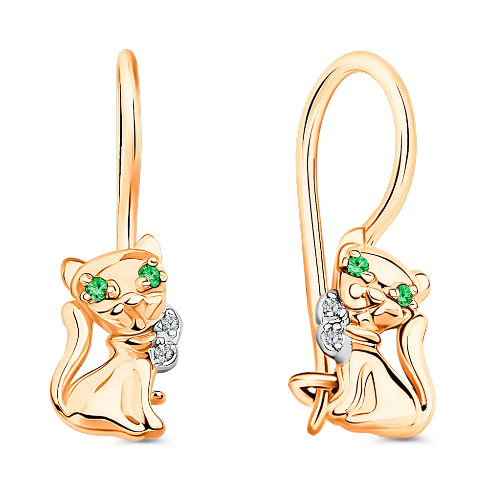 Серьги  Кошка детские с фианитами из красного золота 375 пробы