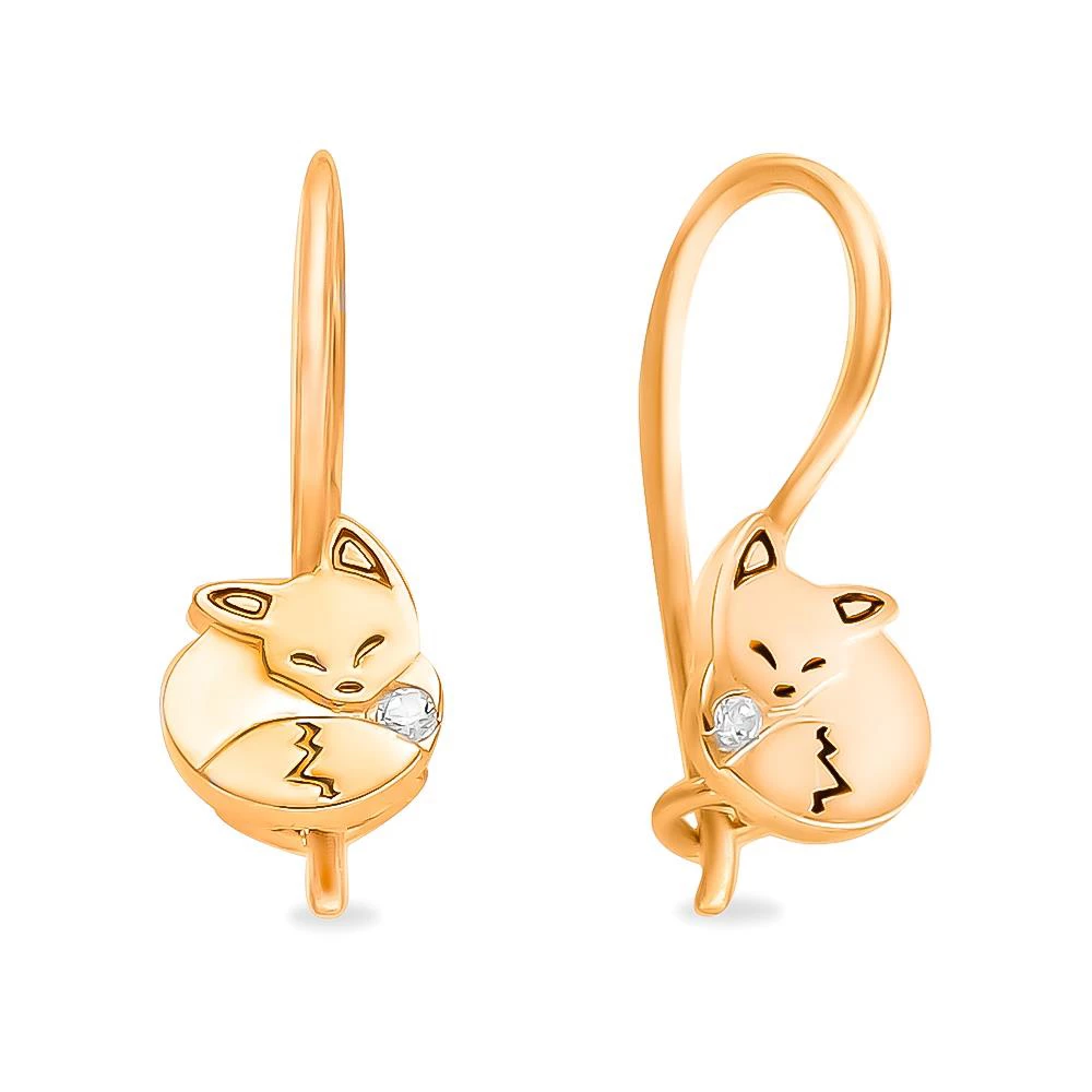 Серьги  Лиса детские с фианитами из красного золота 375 пробы