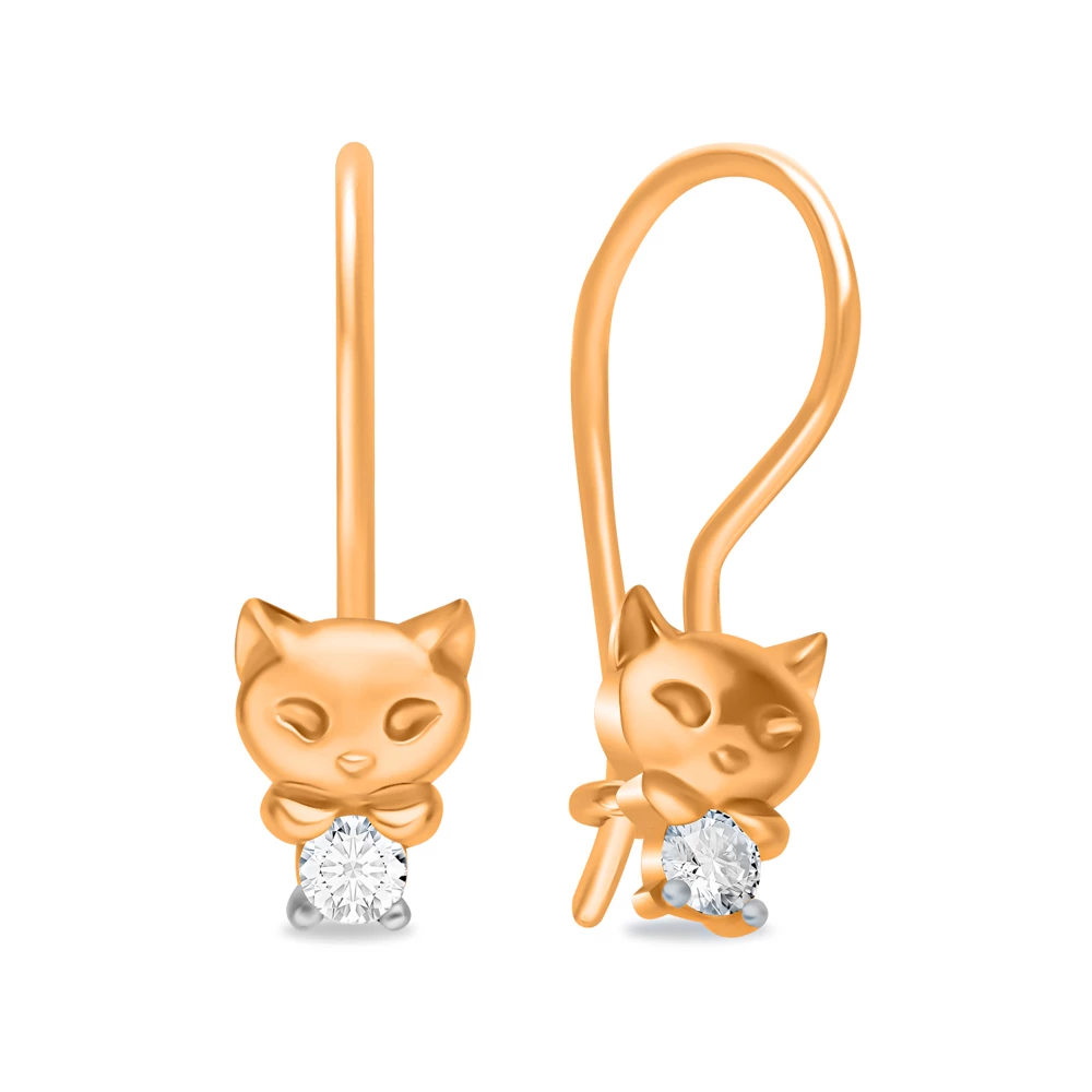 Серьги  Кошка детские с фианитами из красного золота 375 пробы