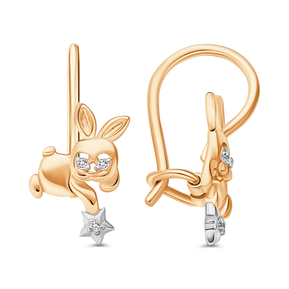 Серьги  Заяц детские с фианитами из красного золота 585 пробы 1