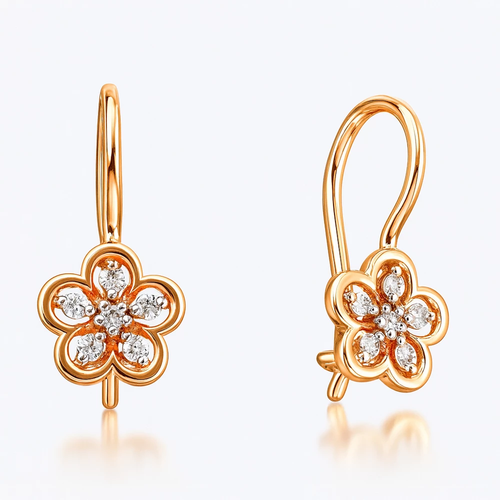 Серьги детские с фианитами из красного золота 585 пробы