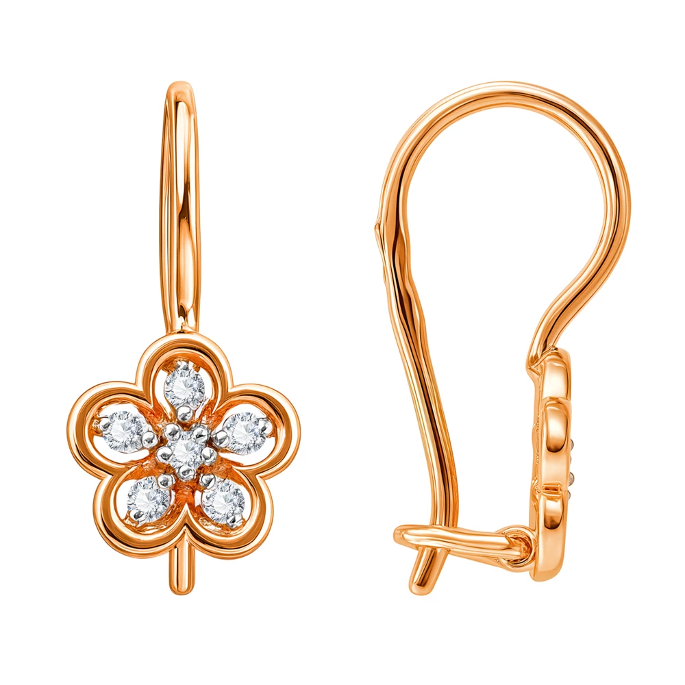 Серьги детские с фианитами из красного золота 585 пробы