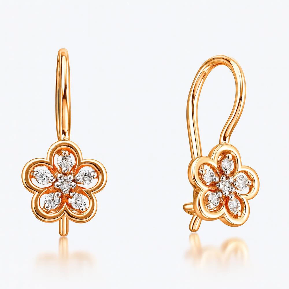 Серьги детские с фианитами из красного золота 585 пробы