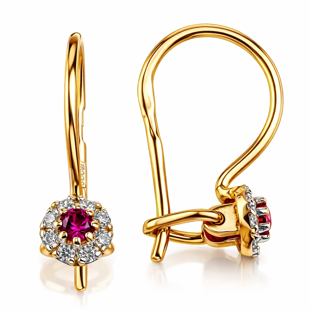 Серьги детские с фианитами из красного золота 585 пробы