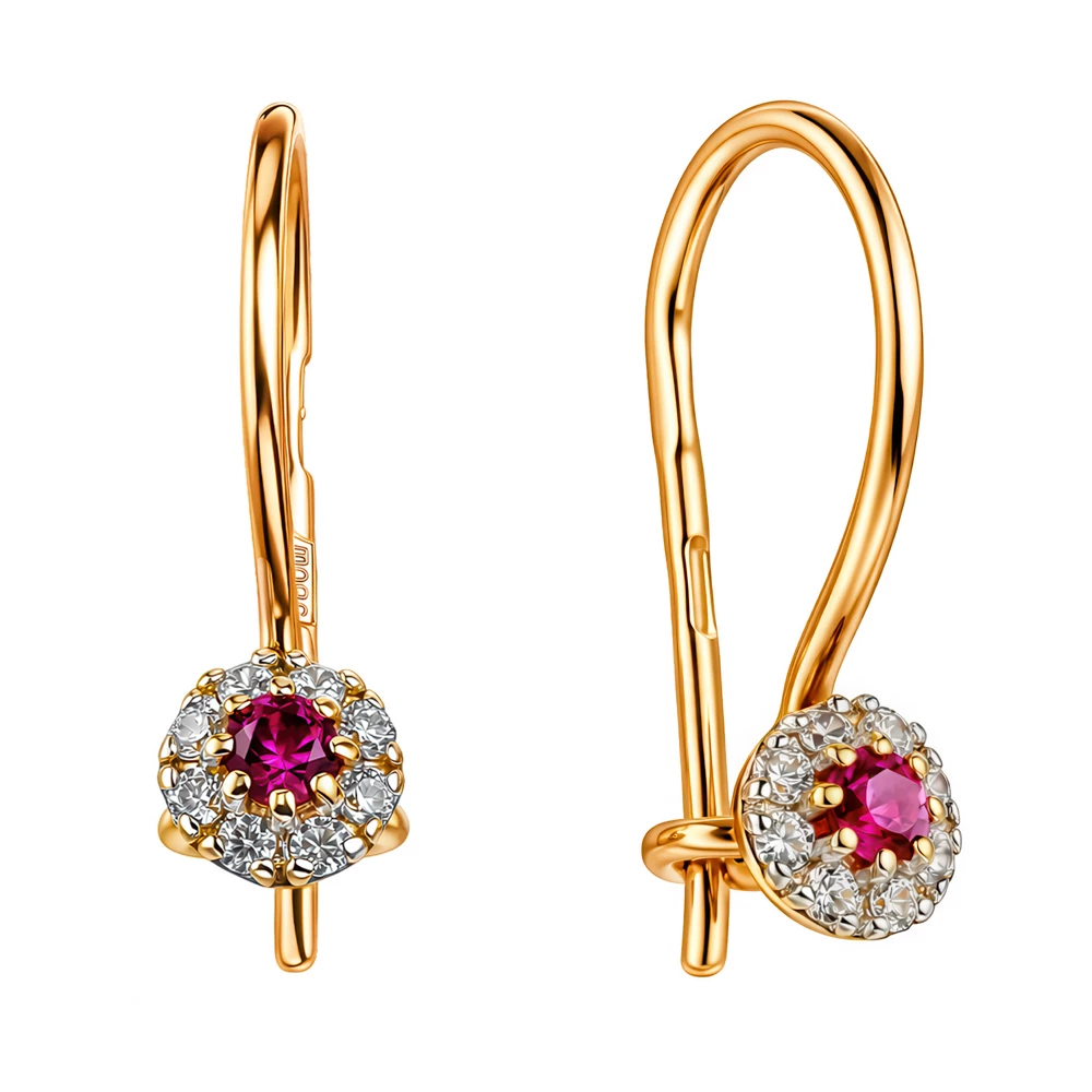 Серьги детские с фианитами из красного золота 585 пробы