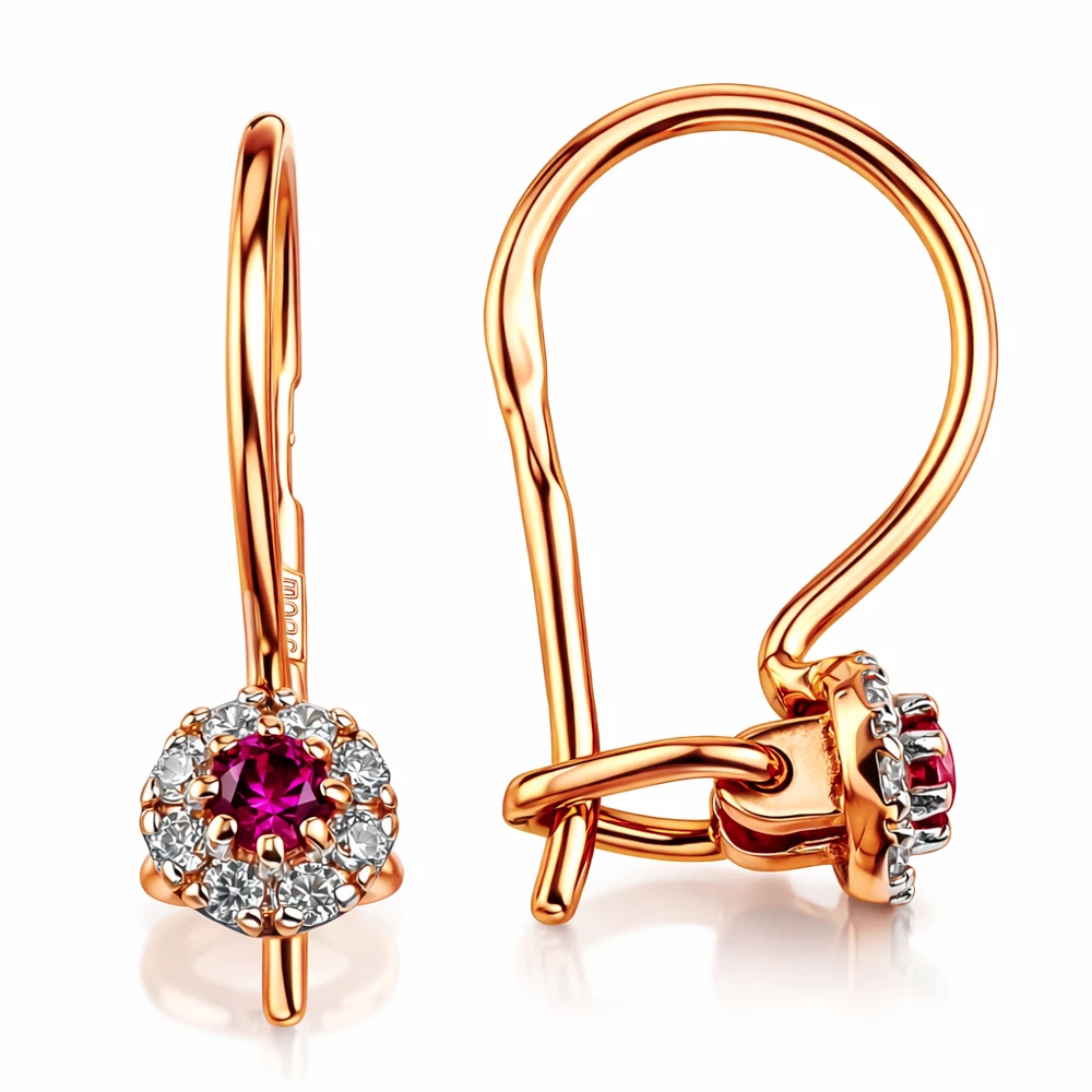 Серьги детские с фианитами из красного золота 585 пробы