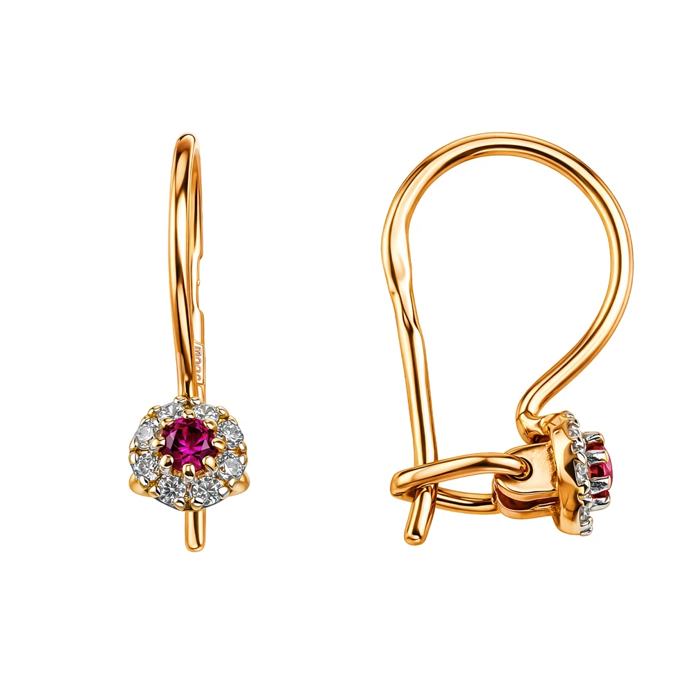 Серьги детские с фианитами из красного золота 585 пробы