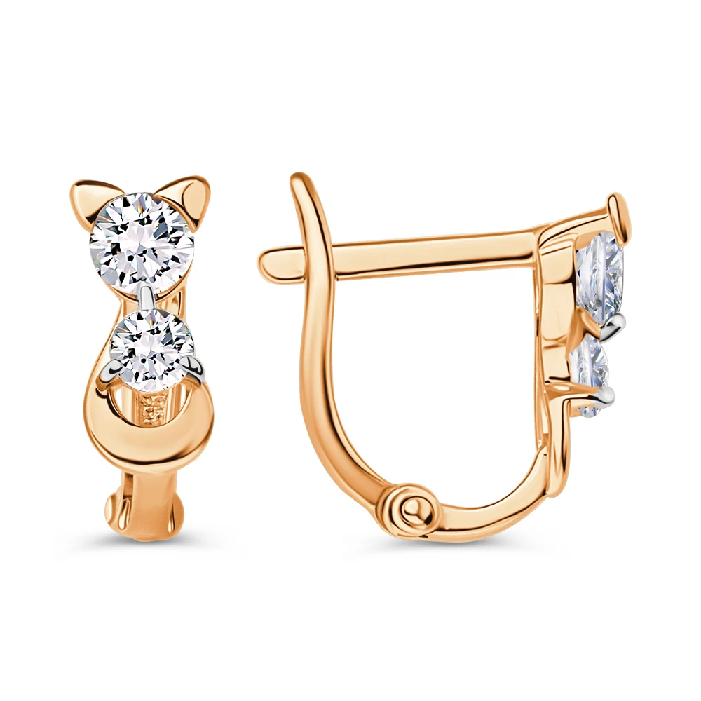 Серьги  Кошка детские с фианитами из красного золота 585 пробы
