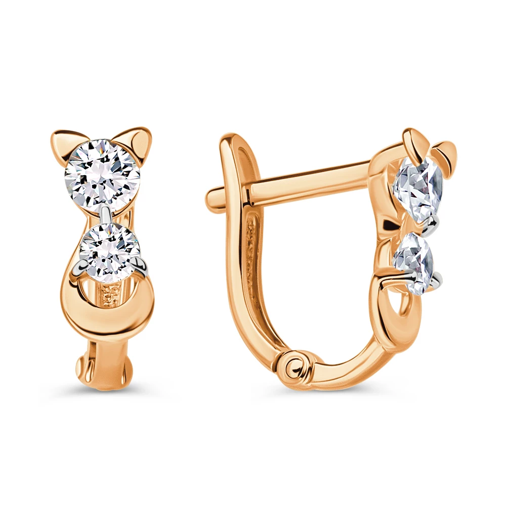 Серьги  Кошка детские с фианитами из красного золота 585 пробы