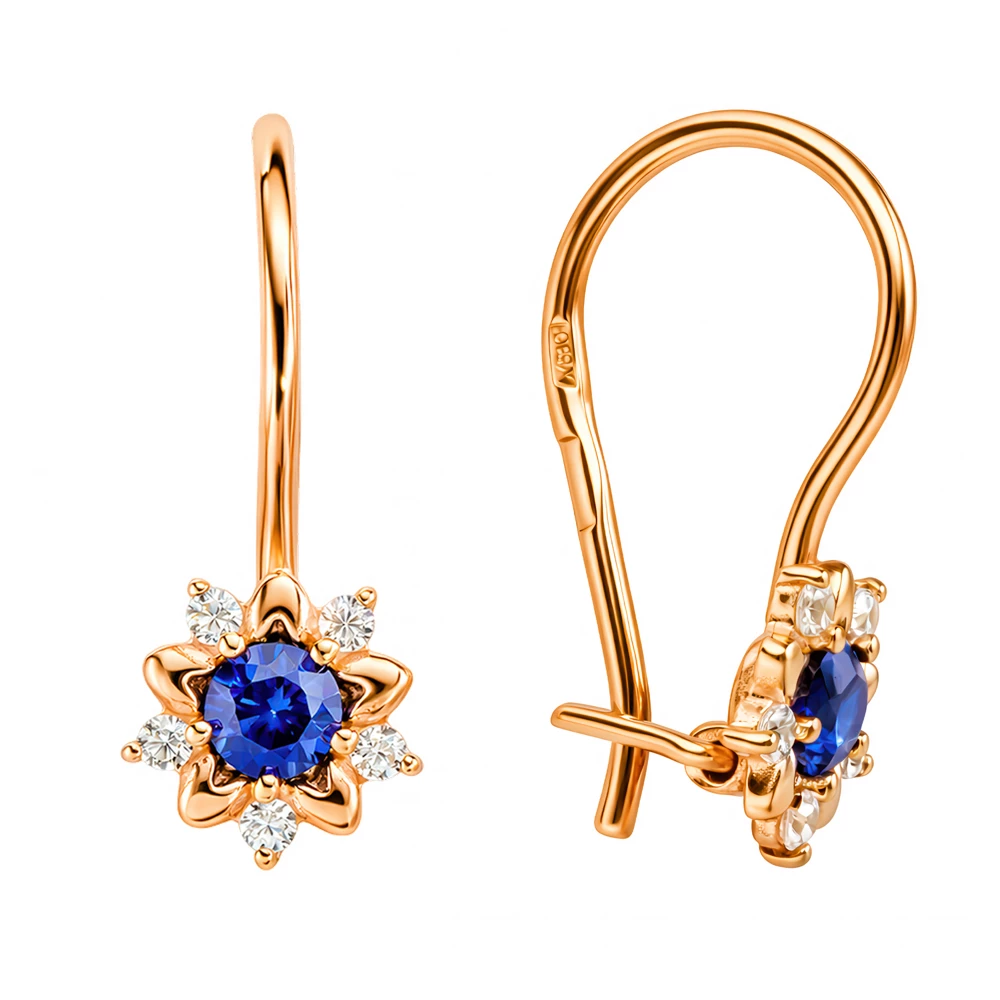 Серьги детские с фианитами из красного золота 375 пробы