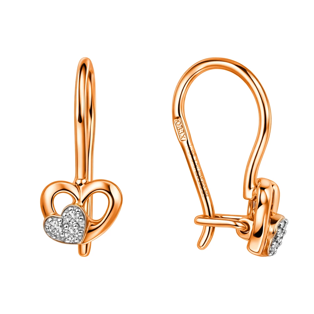 Серьги детские с фианитами из красного золота 375 пробы