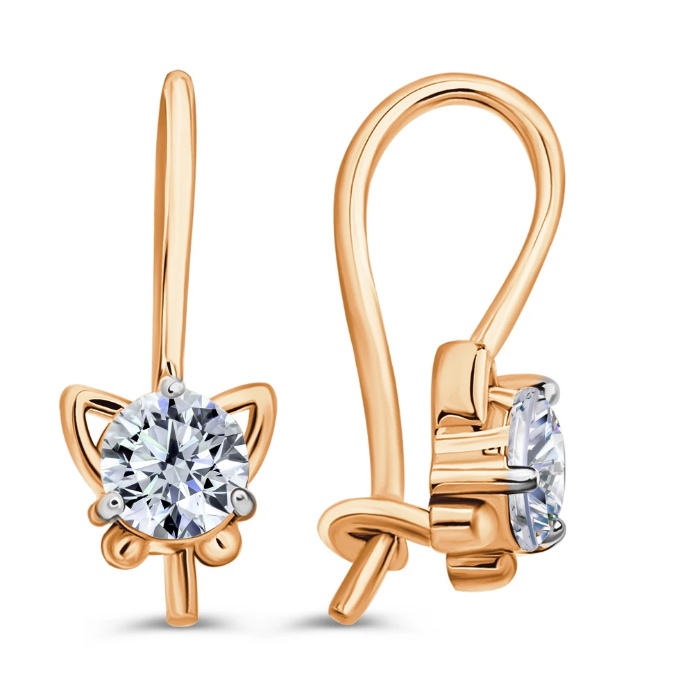 Серьги  Кошка детские с фианитами из красного золота 375 пробы