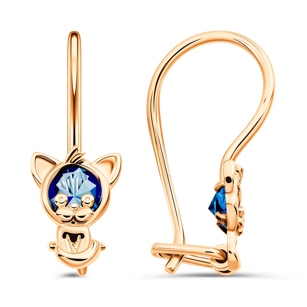 Серьги  Кошка детские с фианитами из красного золота 375 пробы