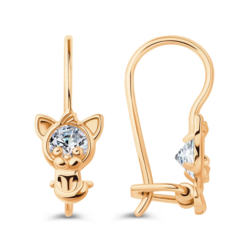 Серьги  Кошка детские с фианитами из красного золота 585 пробы