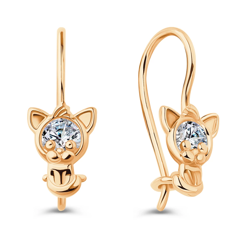 Серьги  Кошка детские с фианитами из красного золота 585 пробы