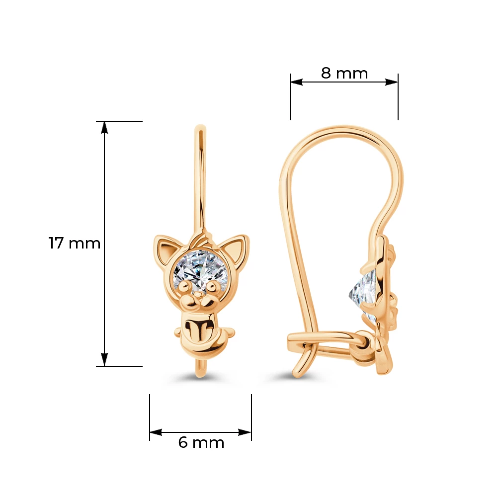 Серьги  Кошка детские с фианитами из красного золота 585 пробы 5