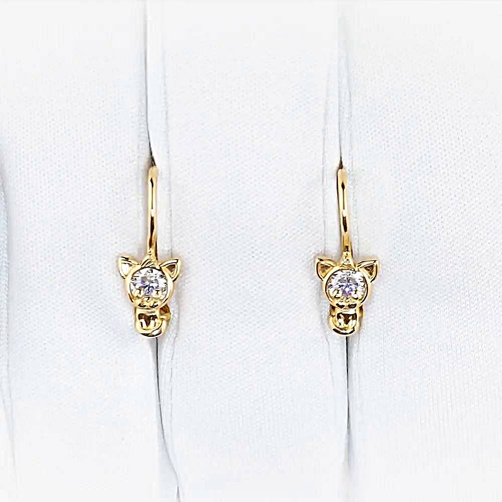 Серьги  Кошка детские с фианитами из красного золота 585 пробы 1