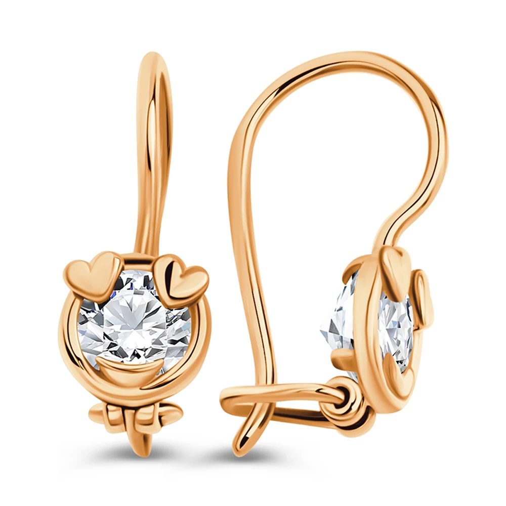 Серьги детские с фианитами из красного золота 375 пробы