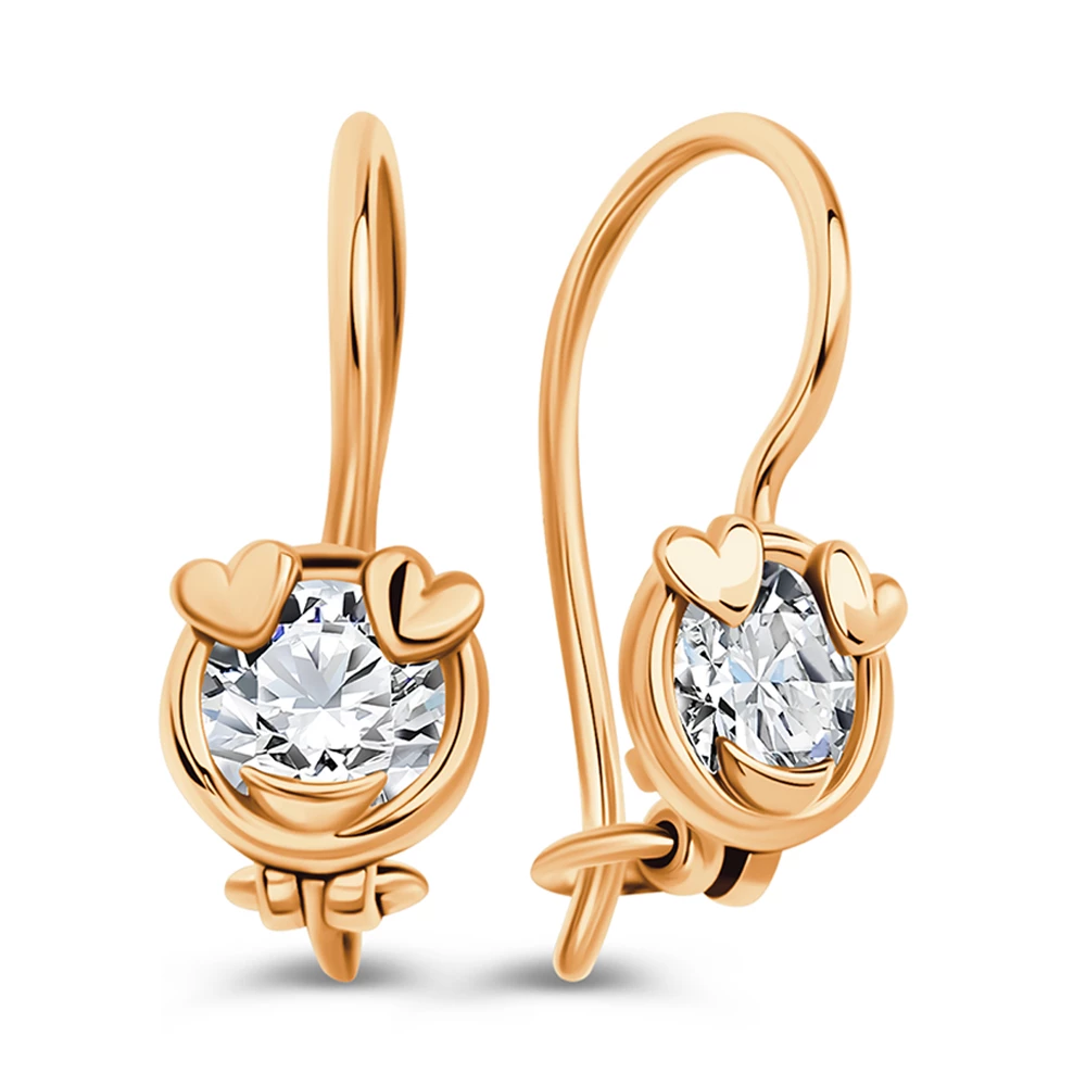 Серьги детские с фианитами из красного золота 375 пробы