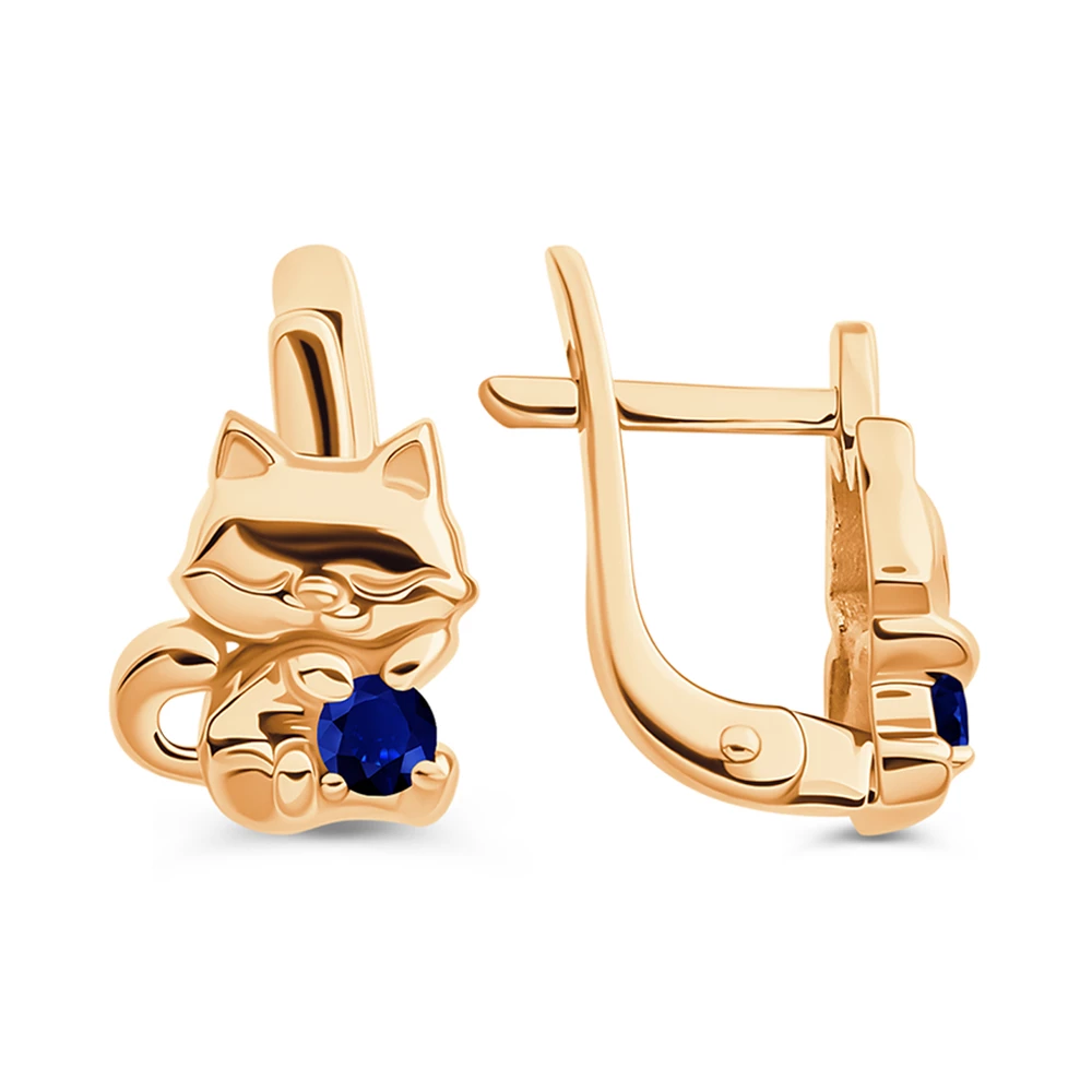 Серьги  Кошка детские с фианитами из красного золота 375 пробы