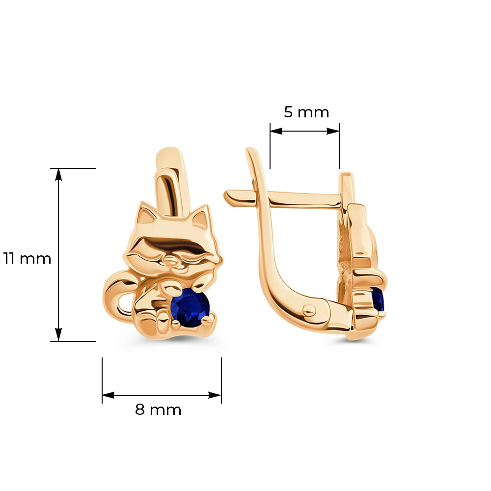 Серьги  Кошка детские с фианитами из красного золота 375 пробы