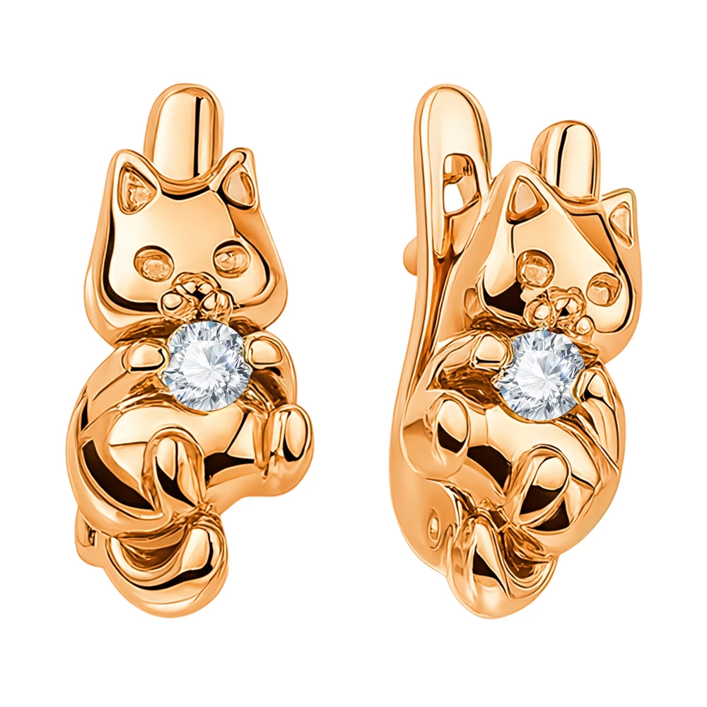 Серьги  Кошка детские с фианитами из красного золота 585 пробы 2