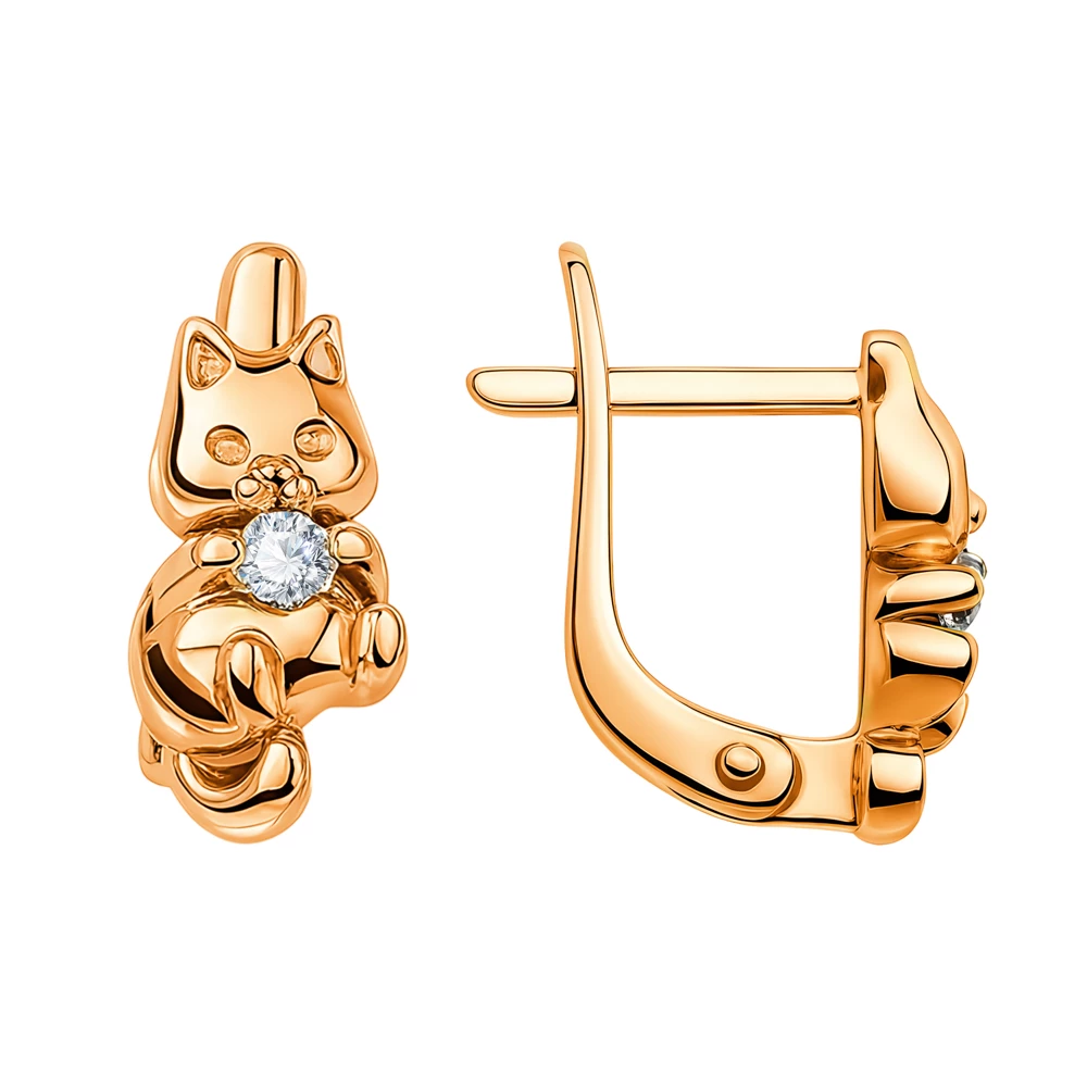 Серьги  Кошка детские с фианитами из красного золота 585 пробы 3