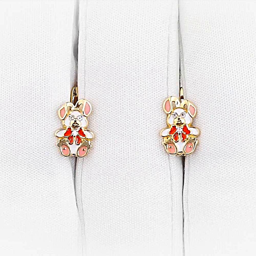 Серьги  Заяц детские с фианитами из красного золота 585 пробы 1