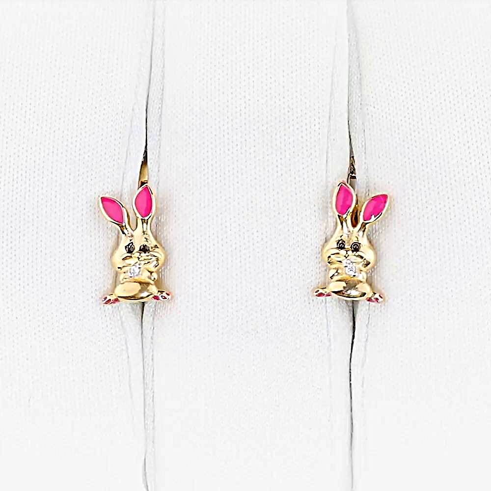 Серьги  Заяц детские с фианитами из красного золота 585 пробы 1