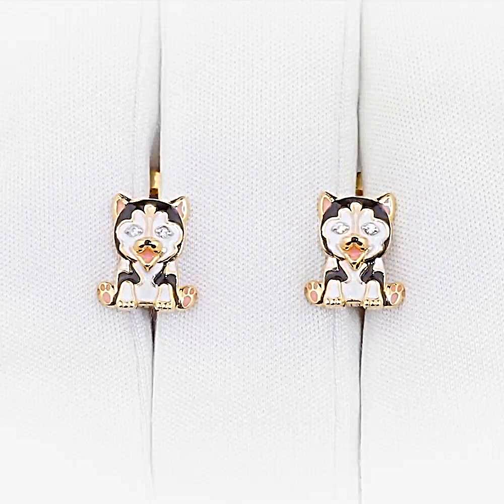 Серьги  Собака детские с фианитами из красного золота 585 пробы 1