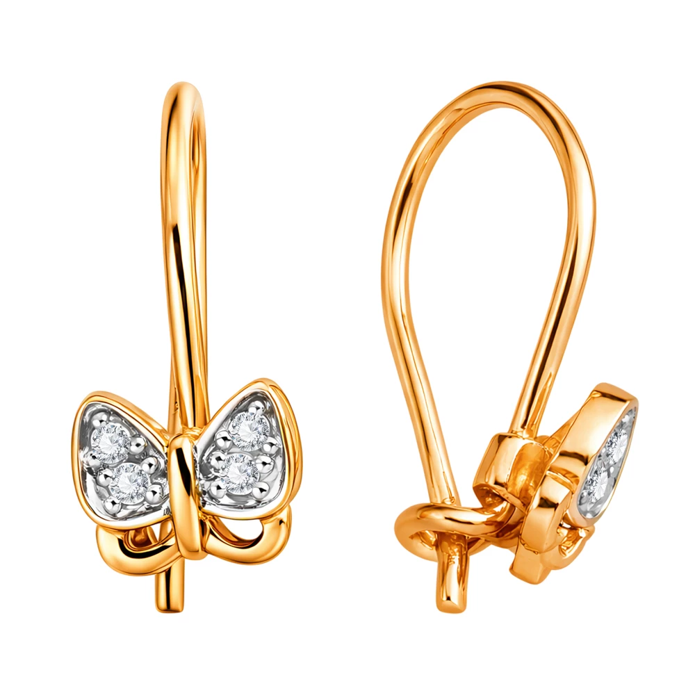 Серьги  Бабочка детские с фианитами из красного золота 375 пробы