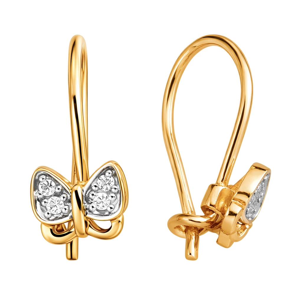 Серьги  Бабочка детские с фианитами из красного золота 375 пробы