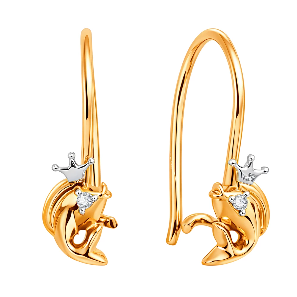 Серьги  Рыбка детские с фианитами из красного золота 375 пробы