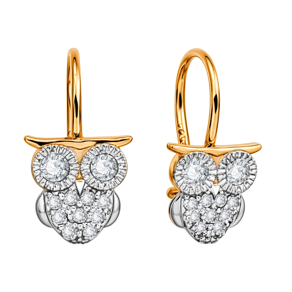 Серьги  Сова детские с фианитами из красного золота 585 пробы 2