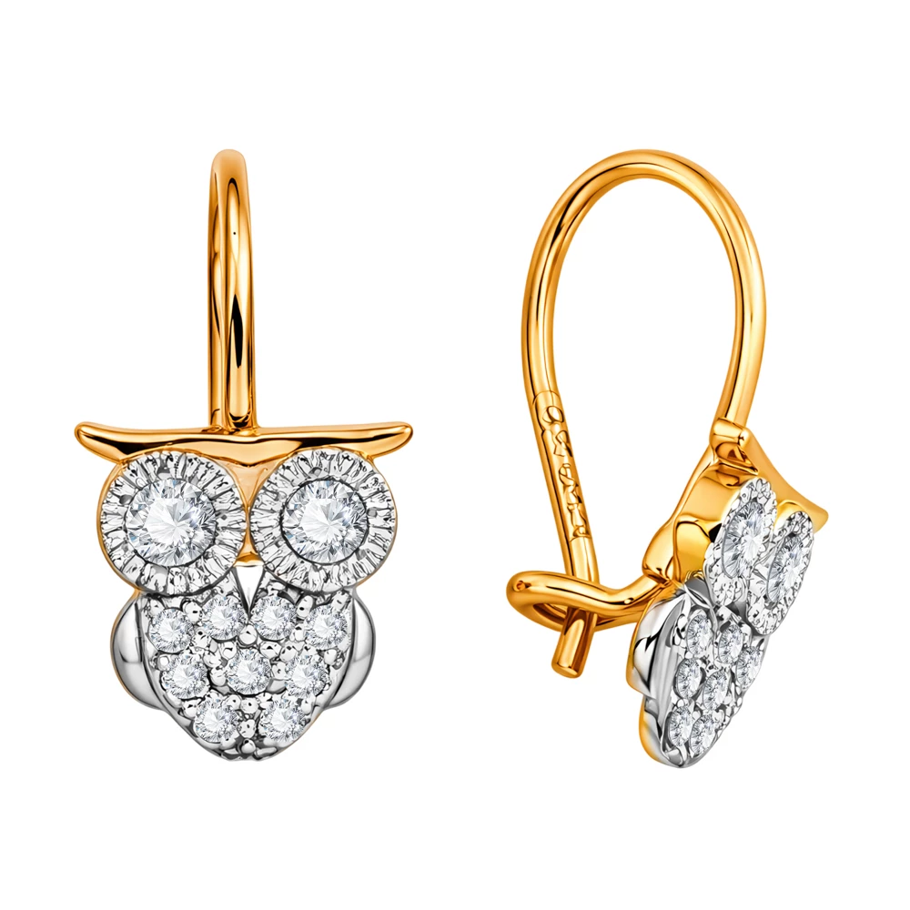 Серьги  Сова детские с фианитами из красного золота 585 пробы 3