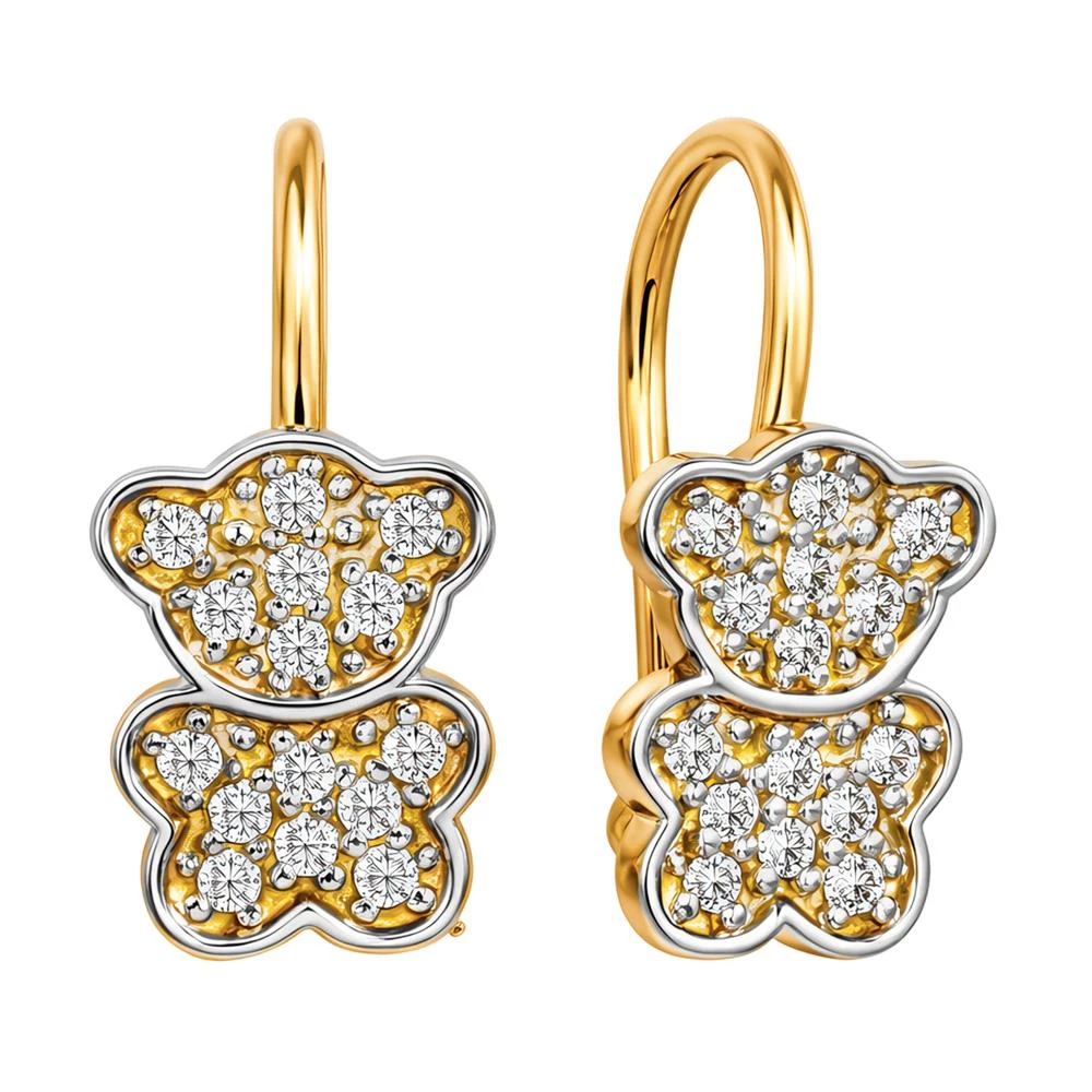Серьги  Мишка детские с фианитами из красного золота 585 пробы