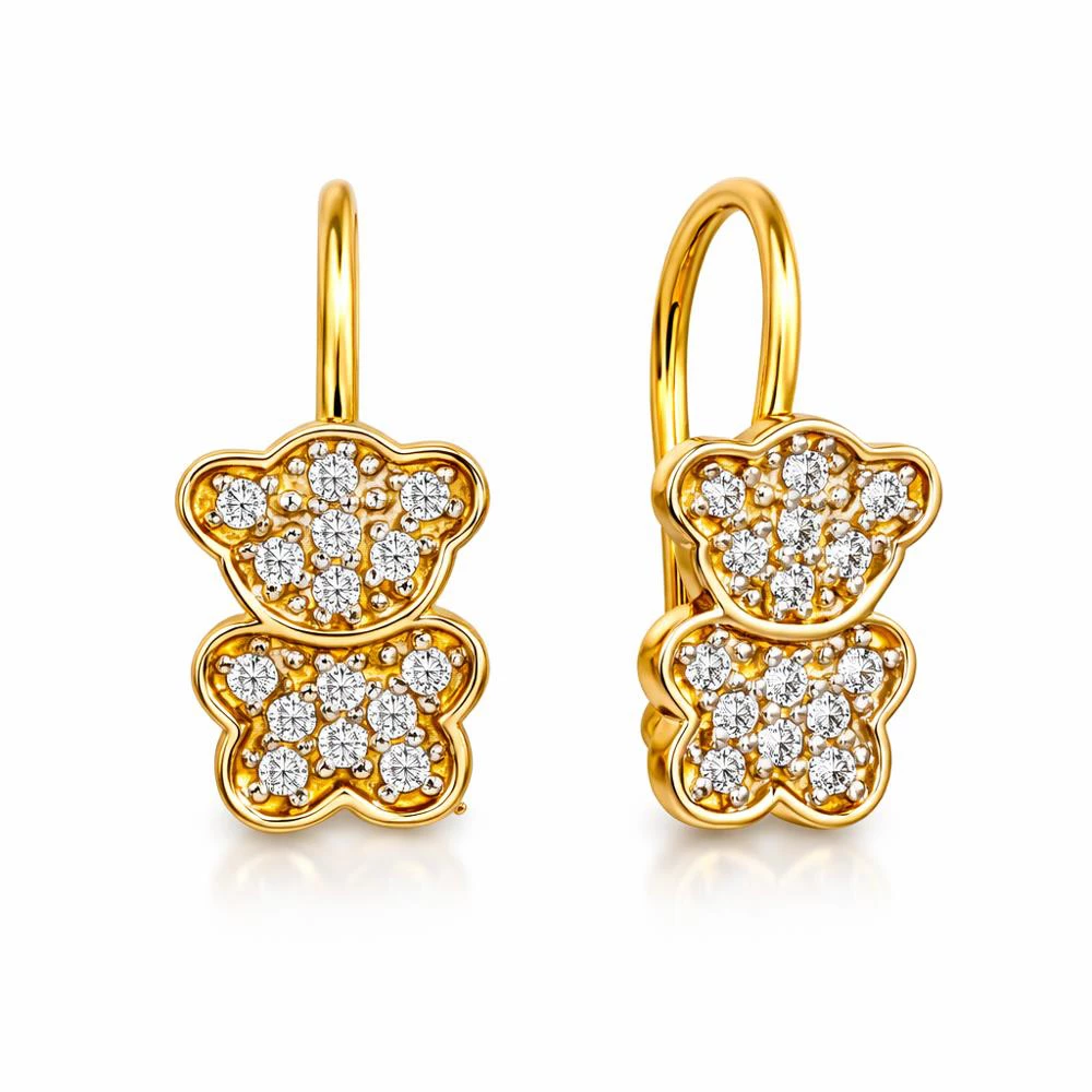 Серьги  Мишка детские с фианитами из красного золота 585 пробы
