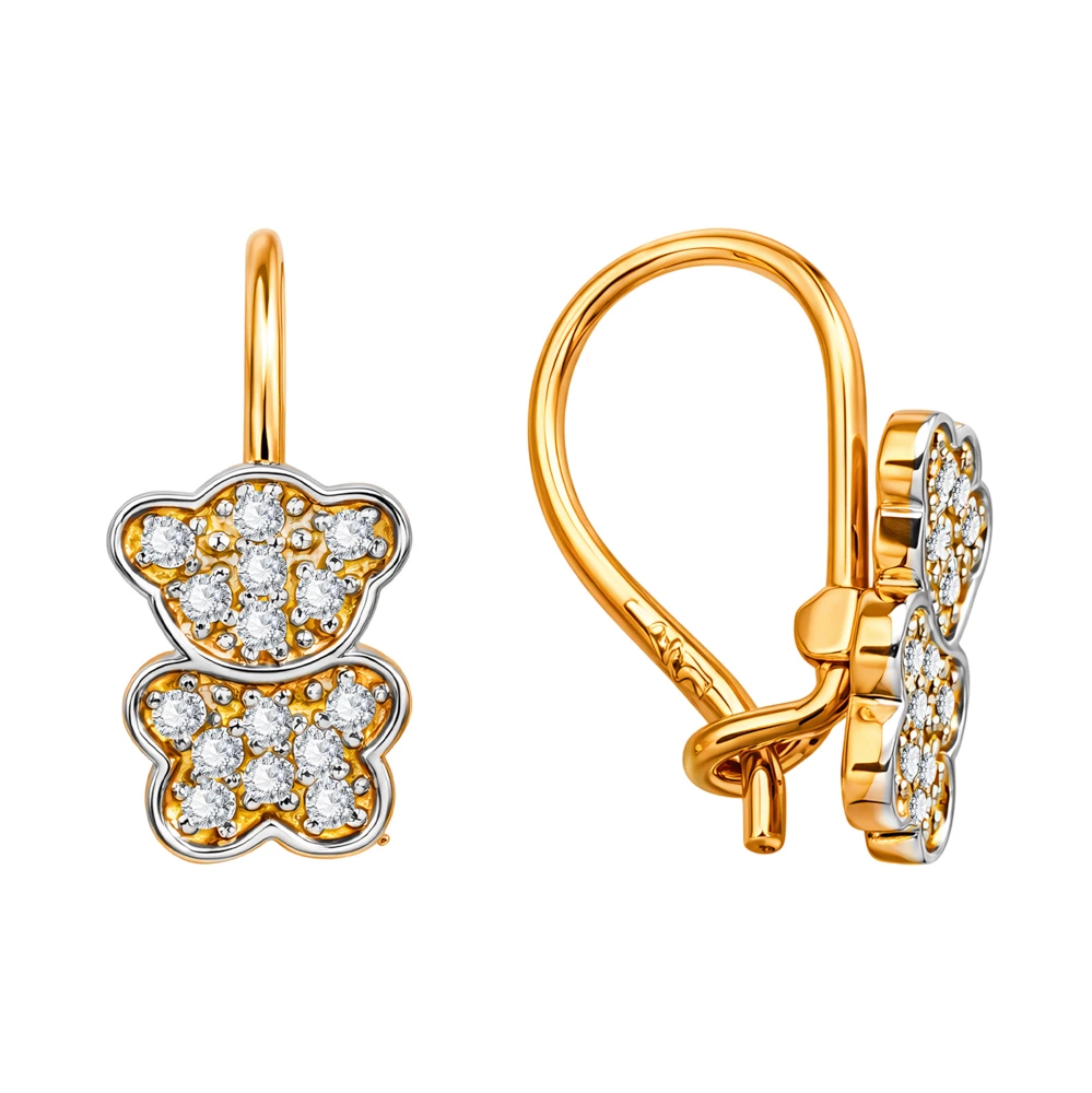 Серьги  Мишка детские с фианитами из красного золота 585 пробы 3