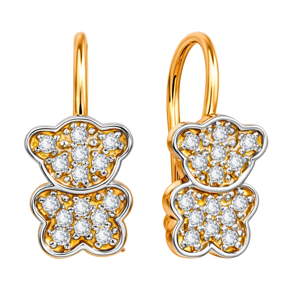 Серьги  Мишка детские с фианитами из красного золота 585 пробы 2